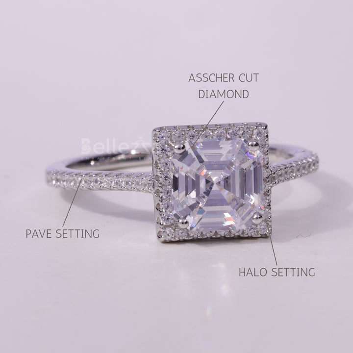 1.0CT Asscher Cut Diamond Halo Pave Setting Moissanite Engagement Ring