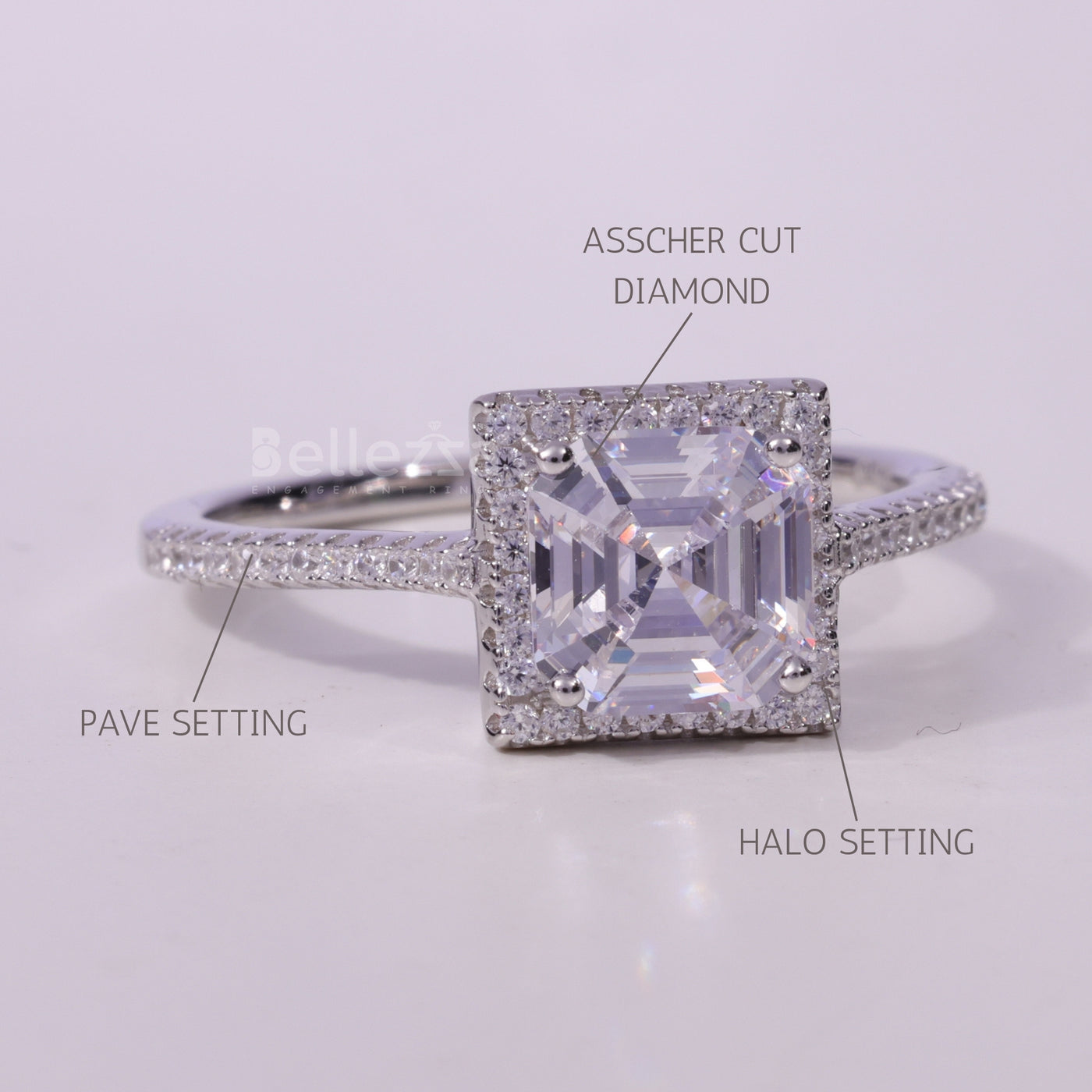 1.0CT Asscher Cut Diamond Halo Pave Setting Moissanite Engagement Ring