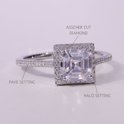 1.0CT Asscher Cut Diamond Halo Pave Setting Moissanite Engagement Ring
