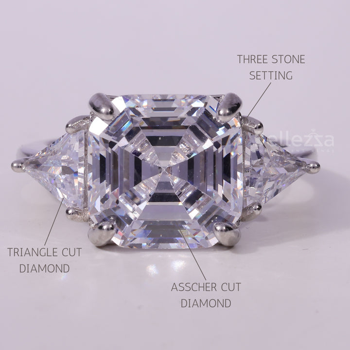 1.50CT Asscher Cut Three Stone Moissanite Engagement Ring