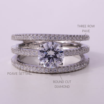1.0CT Round Cut Unique Two Row Pave Setting Engagement Ring
