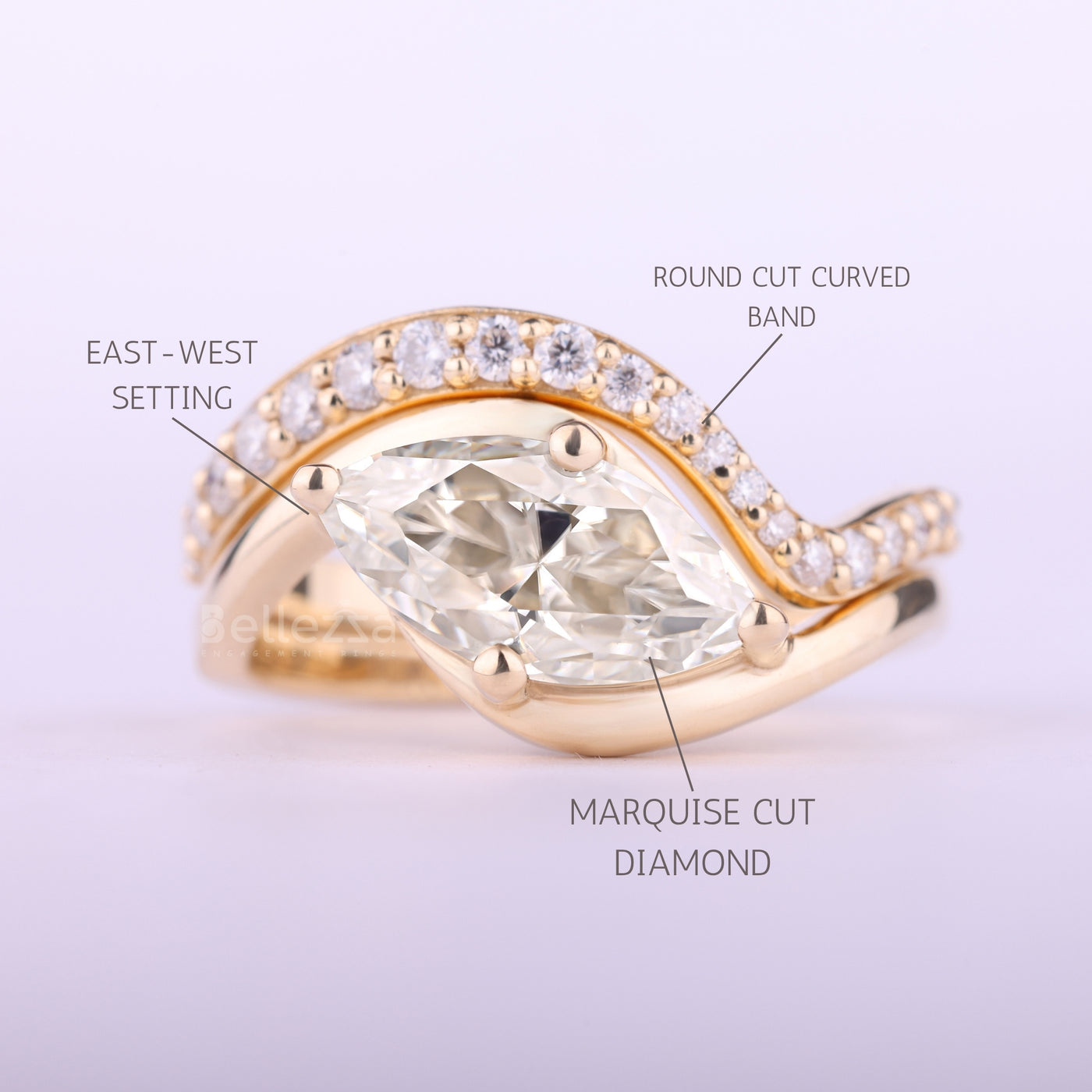 1.50CT East-West Marquise Cut Curved Moissanite Bridal Ring Set