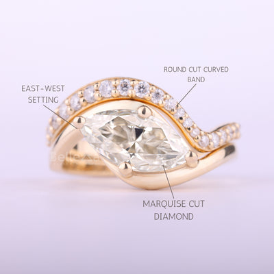 1.50CT East-West Marquise Cut Curved Moissanite Bridal Ring Set