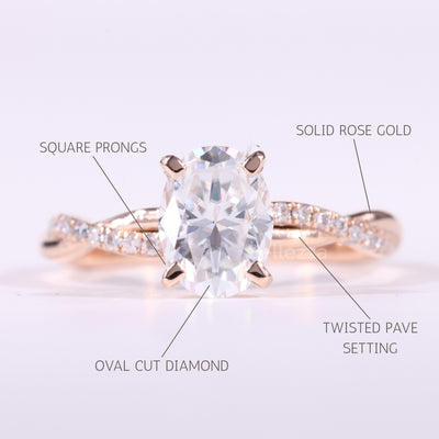 1.0CT Oval Cut Twisted Pave Setting Moissanite Engagement Ring