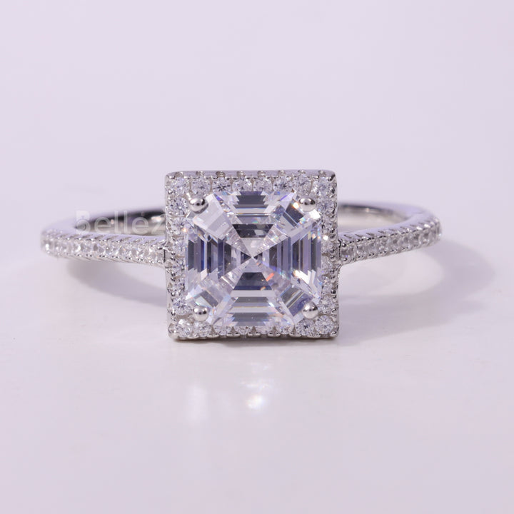 1.0CT Asscher Cut Diamond Halo Pave Setting Moissanite Engagement Ring
