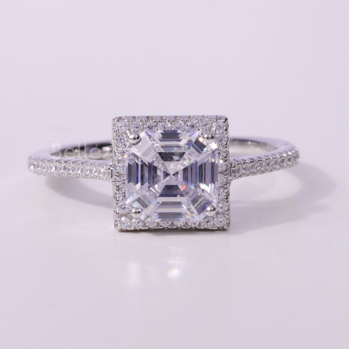 1.0CT Asscher Cut Diamond Halo Pave Setting Moissanite Engagement Ring