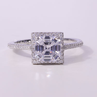 1.0CT Asscher Cut Diamond Halo Pave Setting Moissanite Engagement Ring