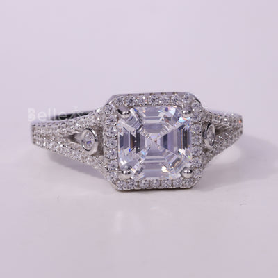 1.50CT Asscher Cut Cluster Diamond Moissanite Engagement Ring