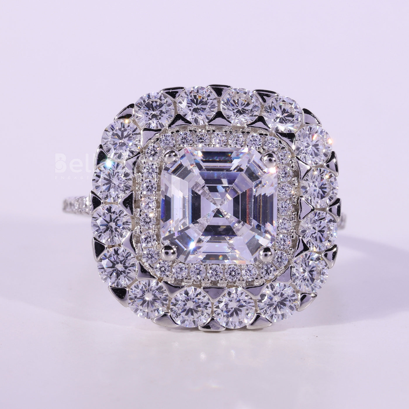 1.0CT Asscher Cut Double Halo Moissanite Engagement Ring