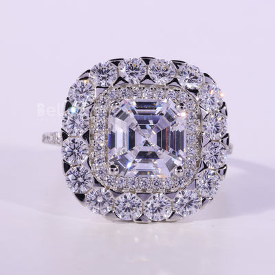 1.0CT Asscher Cut Double Halo Moissanite Engagement Ring