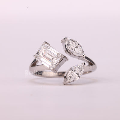 1.50TCW Emerald & Marquise Unique Open Three Stone Engagement Ring