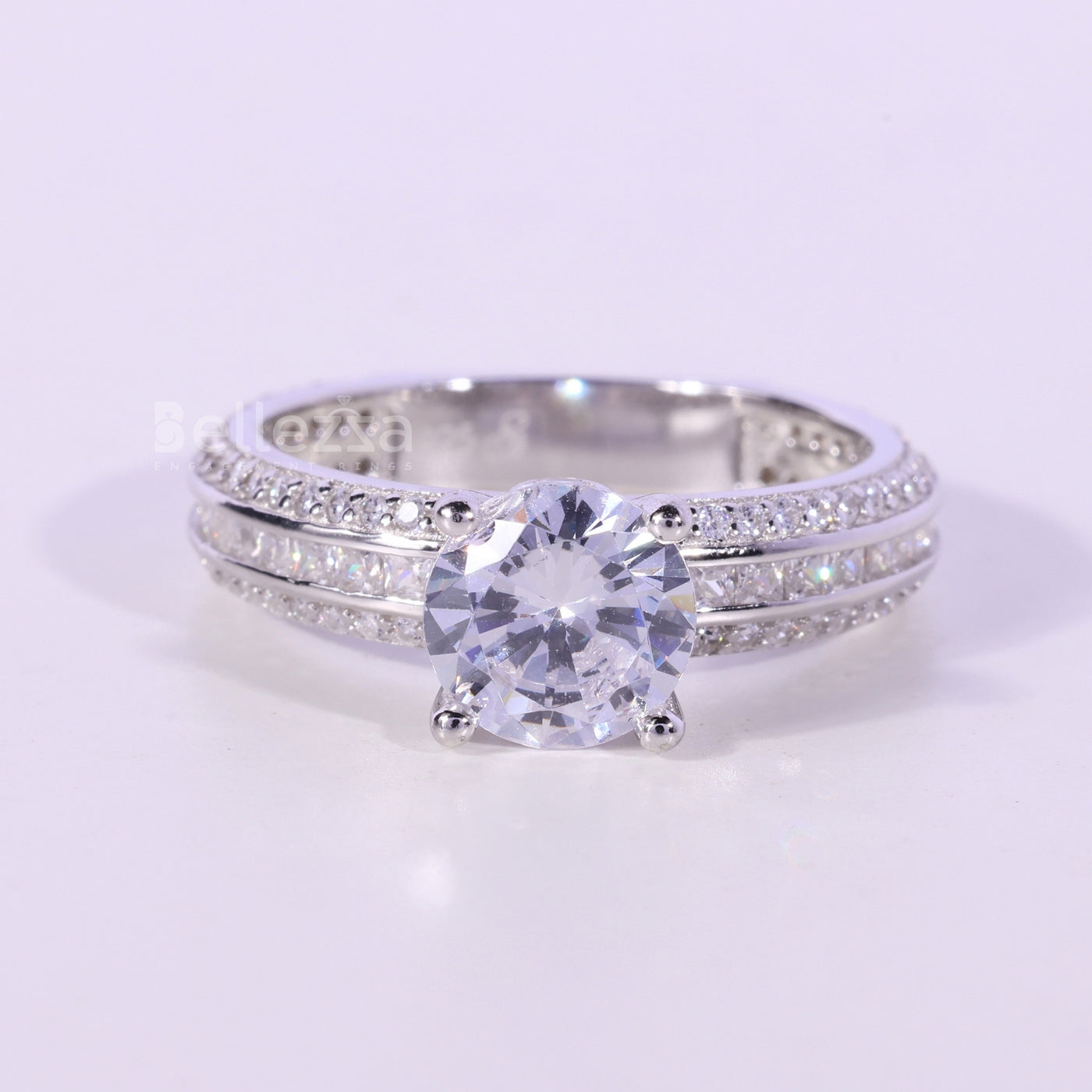 0.75CT Round Cut Three Row Pave Setting Moissanite Engagement Ring