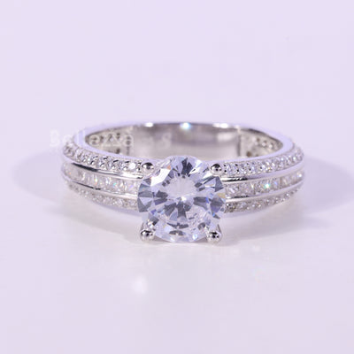 0.75CT Round Cut Three Row Pave Setting Moissanite Engagement Ring