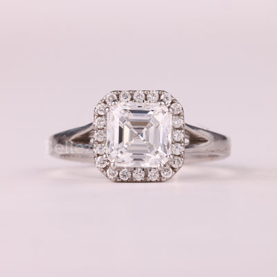 1.0CT Asscher Cut Halo Setting Split Shank Moissanite Engagement Ring