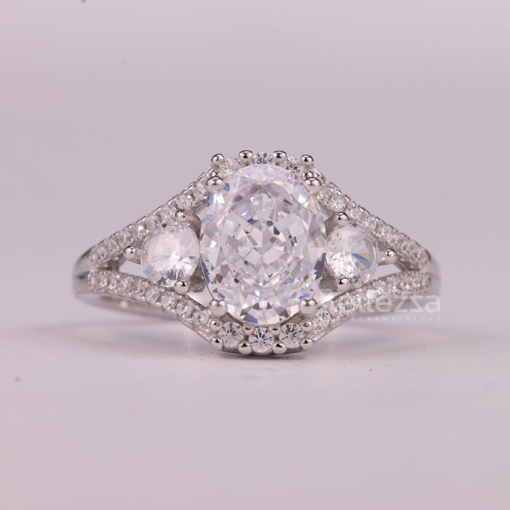 1.0CT Oval Cut Three Stone Split Shank Pave Set Engagement Ring
