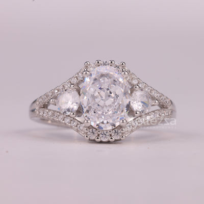 1.0CT Oval Cut Three Stone Split Shank Pave Set Engagement Ring