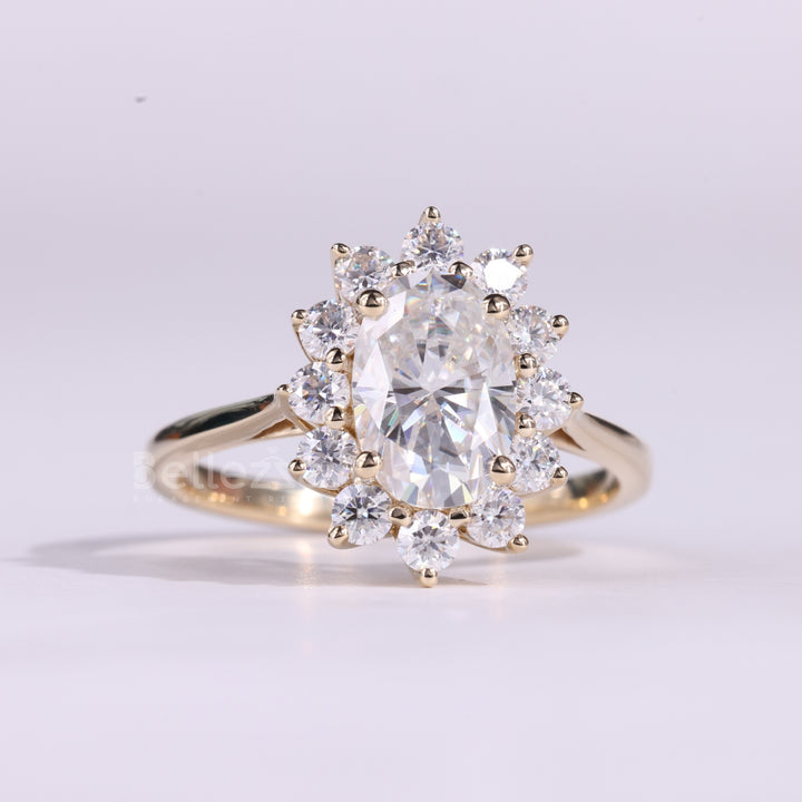 1.50CT Oval Cut Floral Halo Setting Moissanite Engagement Ring