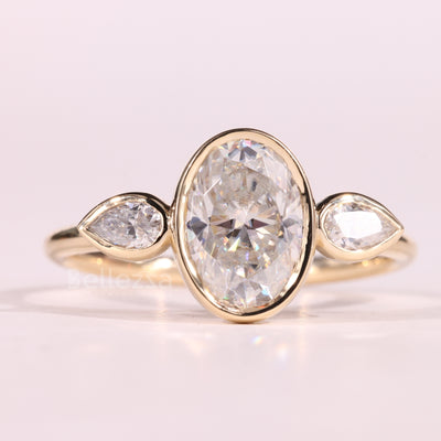 1.50CT Oval Cut Bezel Setting Moissanite Three Stone Engagement Ring