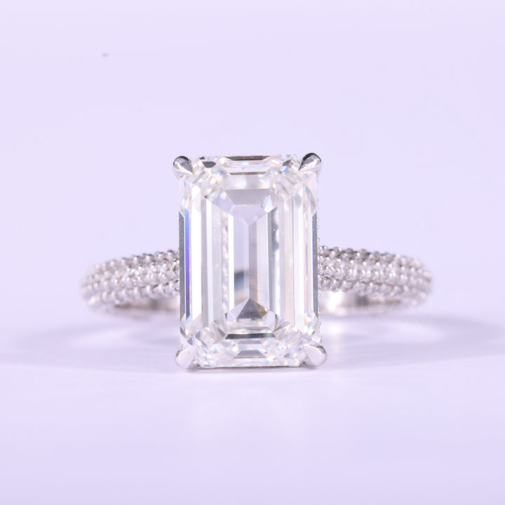 4.0CT Emerald Cut Three Side Pave Setting Moissanite Engagement Ring