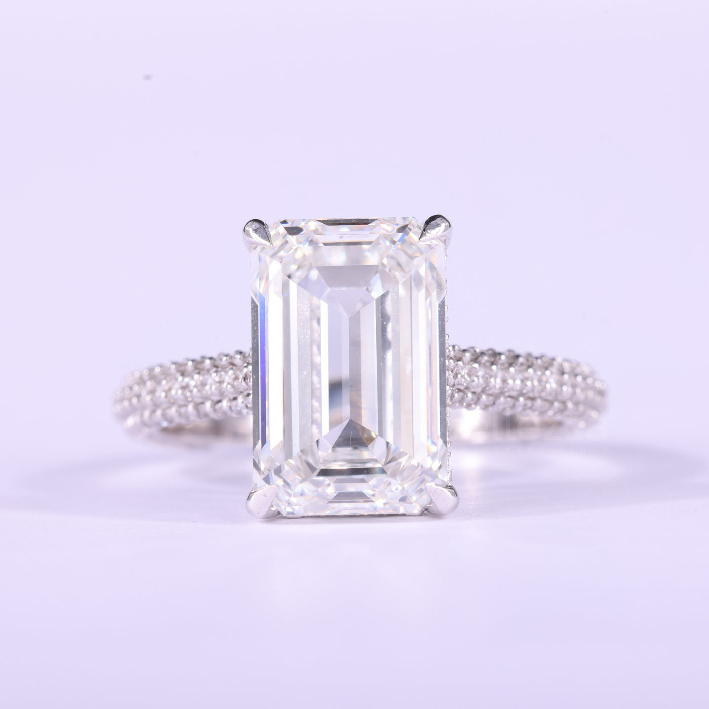 4.0CT Emerald Cut Three Side Pave Setting Moissanite Engagement Ring