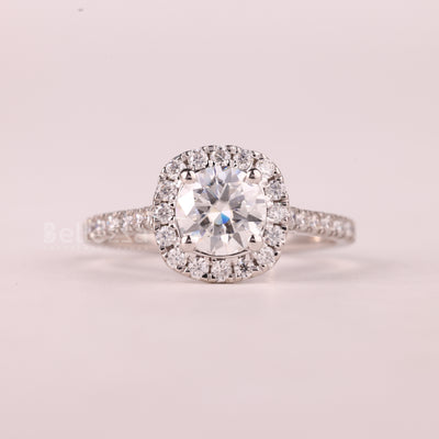 1.0CT Round Cut Halo Pave Setting Moissanite Engagement Ring