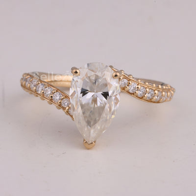 1.0CT Pear Cut Three Side Pave Setting Moissanite Engagement Ring