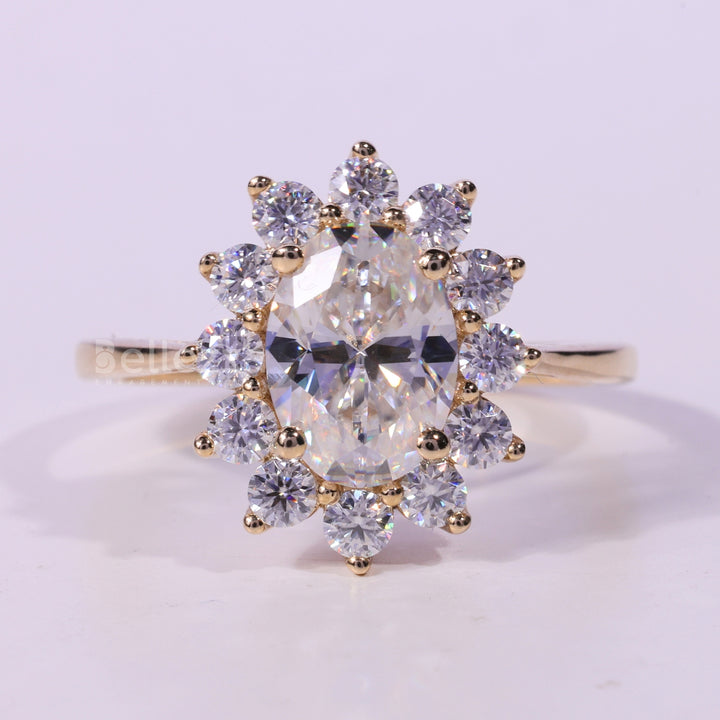 1.0CT Oval Cut Floral Halo Moissanite Engagement Ring