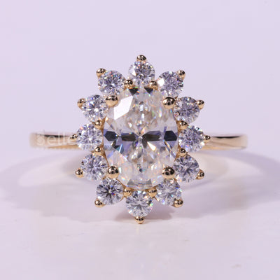 1.0CT Oval Cut Floral Halo Moissanite Engagement Ring