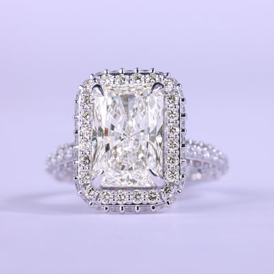 2.0CT Radiant Cut Three Side Pave & Halo Set Moissanite Engagement Ring