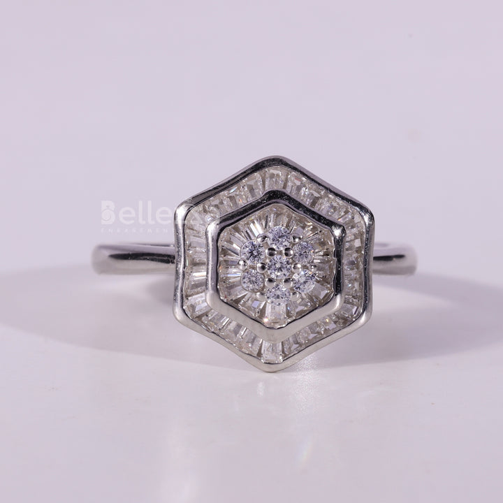 Round & Baguette Cut Cluster Diamond Moissanite Engagement Ring