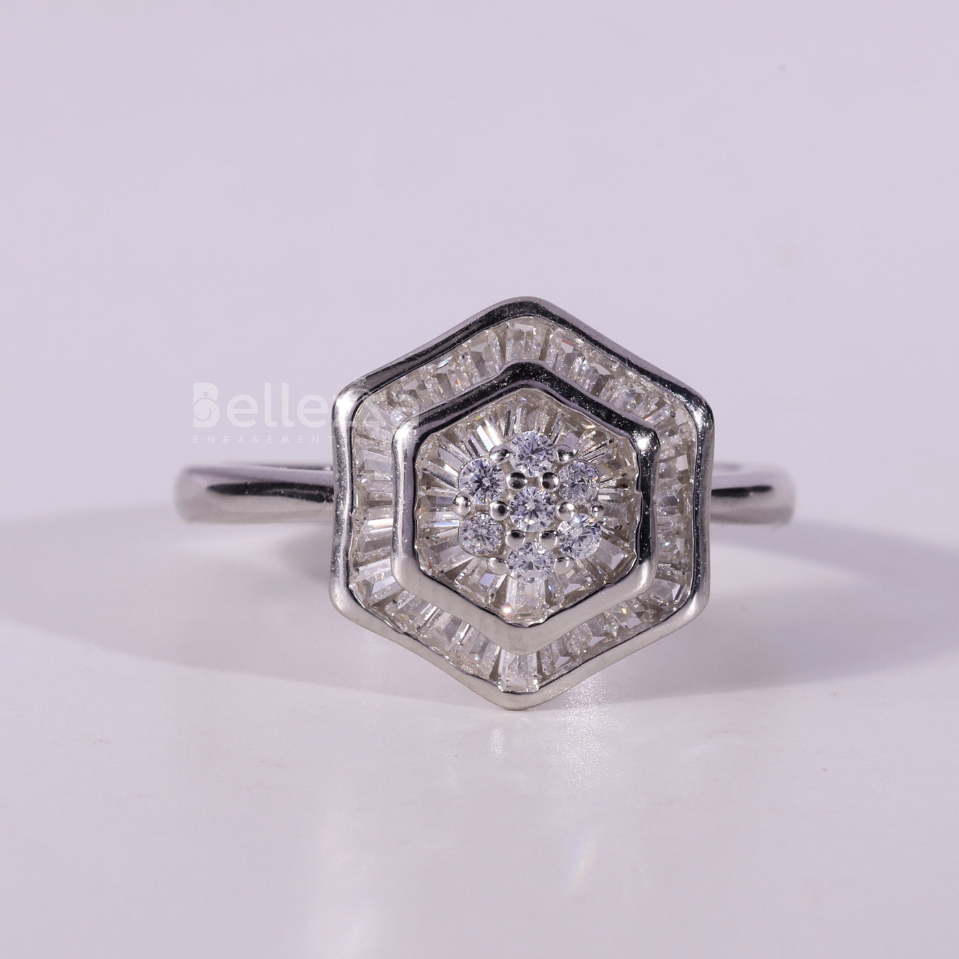 Round & Baguette Cut Cluster Diamond Moissanite Engagement Ring