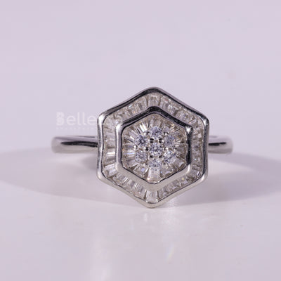 Round & Baguette Cut Cluster Diamond Moissanite Engagement Ring