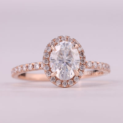 1.0CT Oval Cut Halo Pave Setting Moissanite Engagement Ring