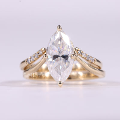2.0CT Marquise Cut Cluster Set Curved Moissanite Bridal Ring Set