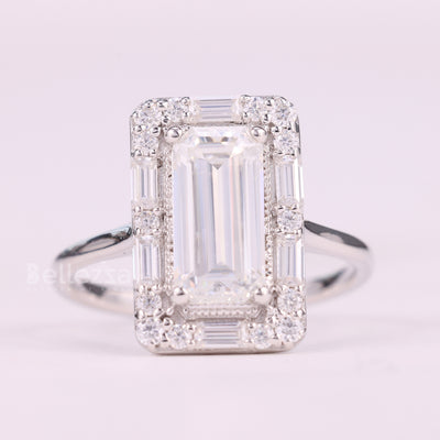 1.50CT Baguette Cut Halo Cluster Diamond Moissanite Engagement Ring