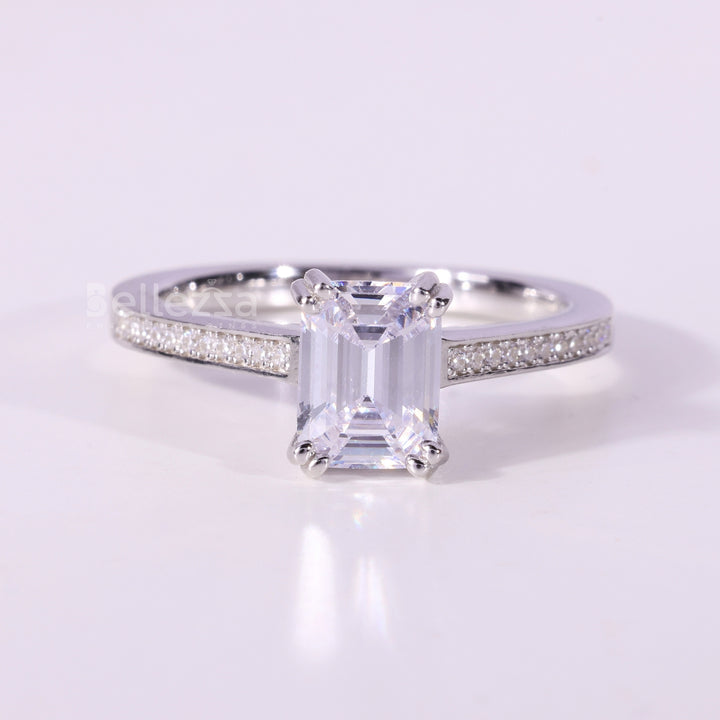 1.0CT Emerald Cut Pave Setting Moissanite Engagement Ring