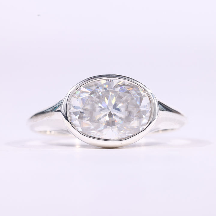 2.0CT East-West Oval Cut Bezel Set Solitaire Moissanite Engagement Ring