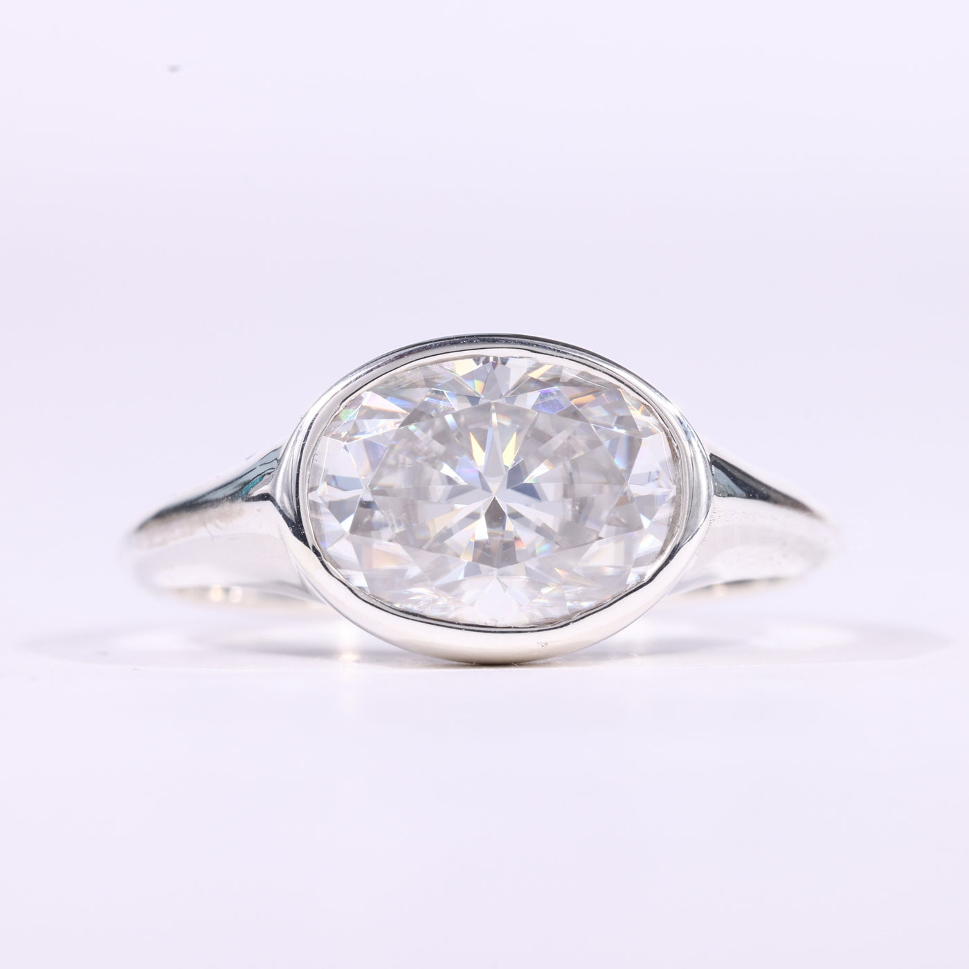 2.0CT East-West Oval Cut Bezel Set Solitaire Moissanite Engagement Ring