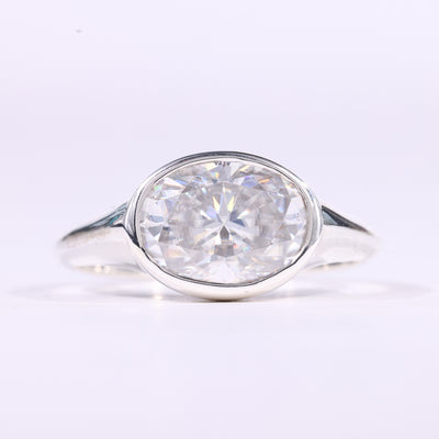 2.0CT East-West Oval Cut Bezel Set Solitaire Moissanite Engagement Ring