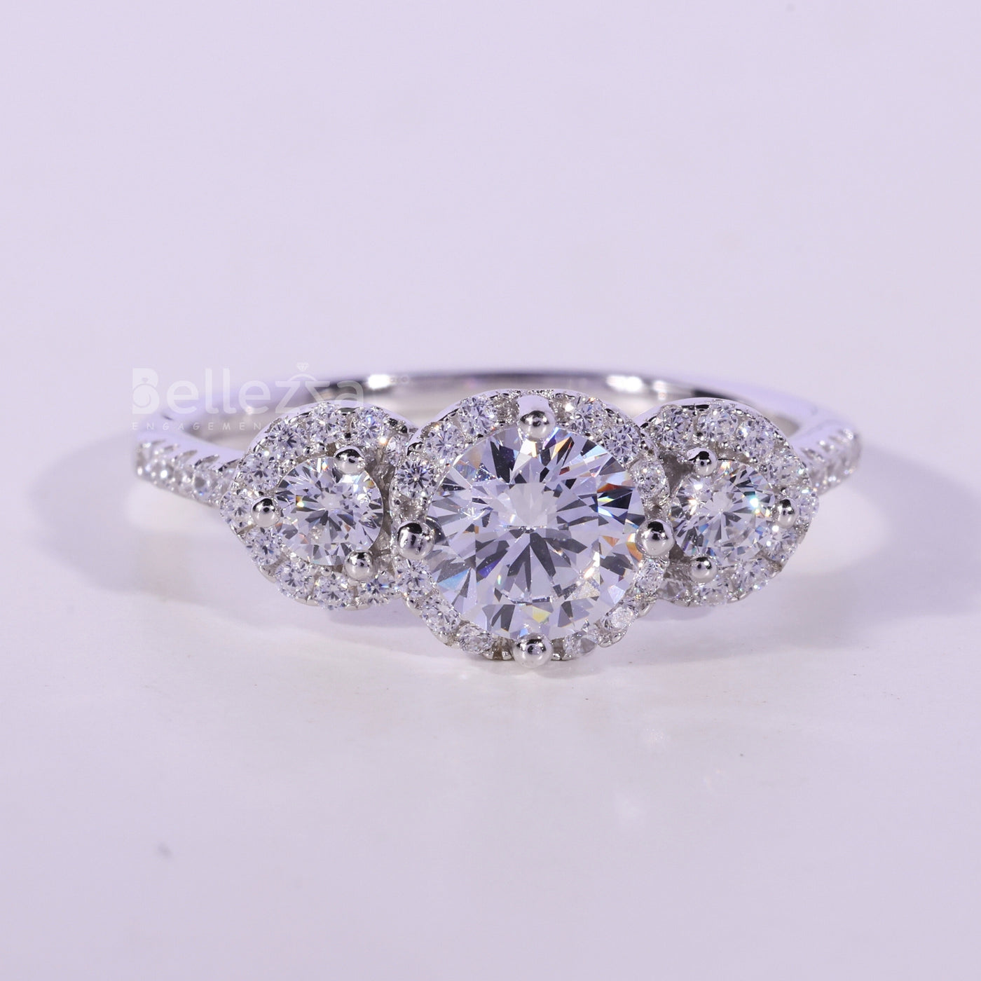 0.50CT Round Cut Three Stone Halo Setting Moissanite Engagement Ring
