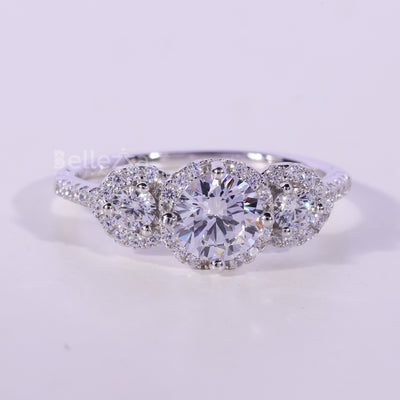 0.50CT Round Cut Three Stone Halo Setting Moissanite Engagement Ring