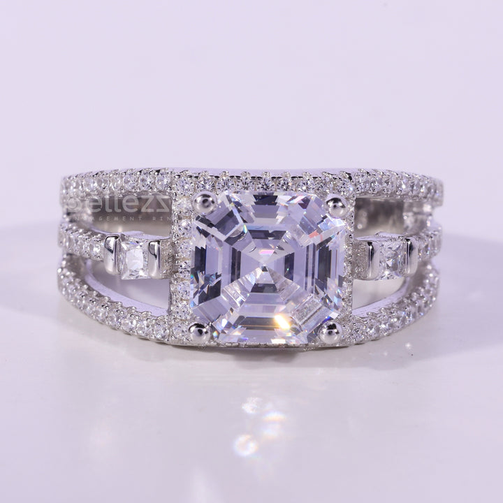 1.0CT Asscher Cut Cluster Diamond Moissanite Engagement Ring