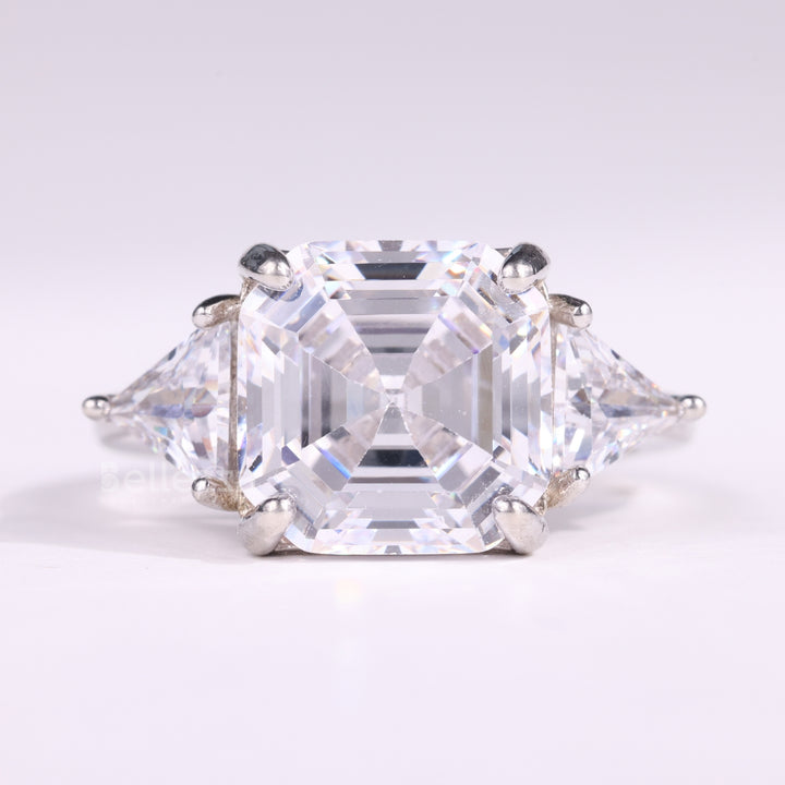 2.0CT Asscher Cut Three Stone Moissanite Engagement Ring