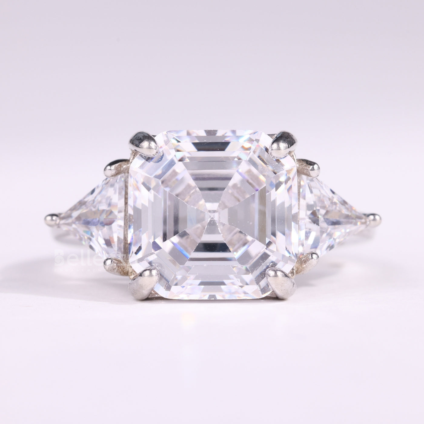 2.0CT Asscher Cut Three Stone Moissanite Engagement Ring