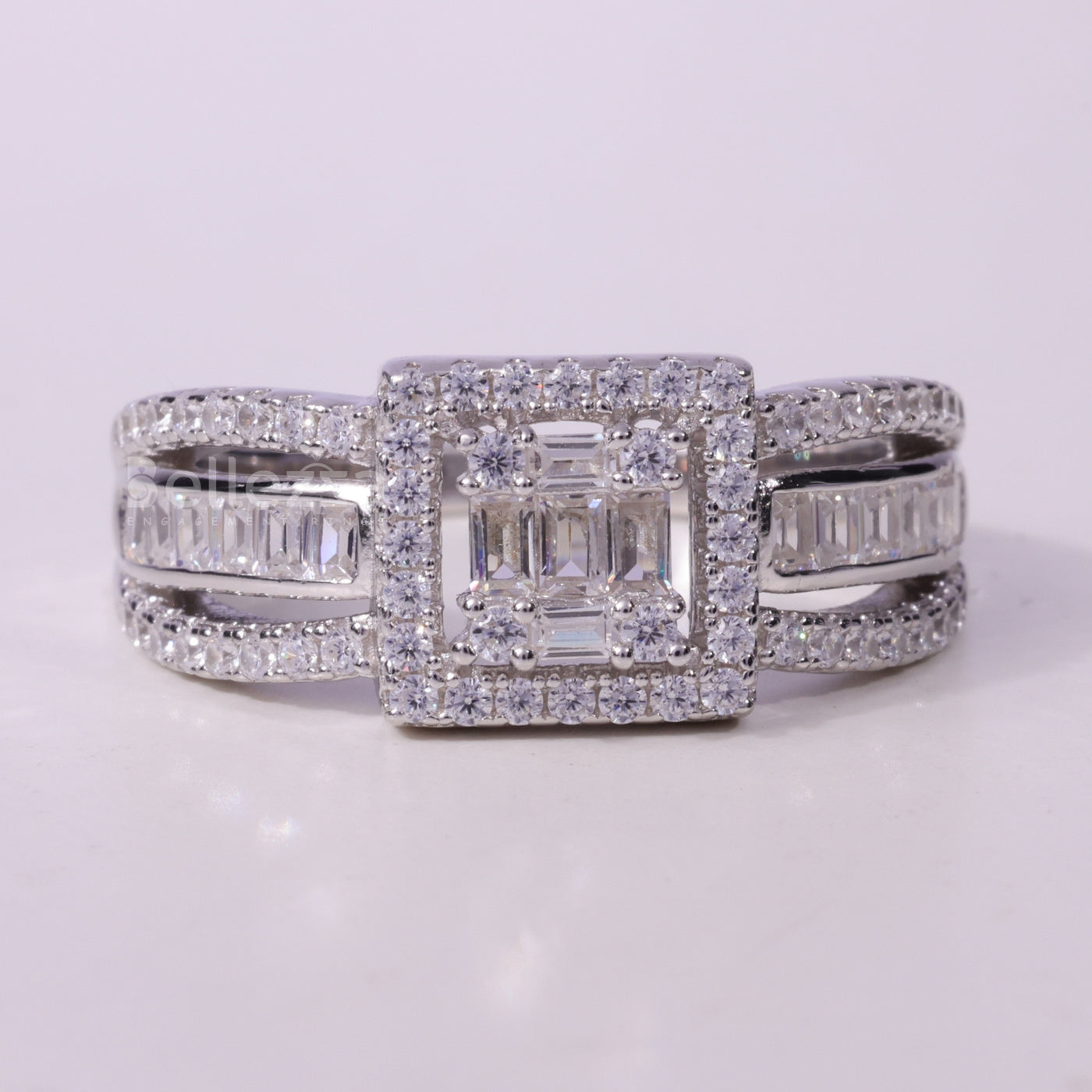 Round & Baguette cut Cluster Diamond Moisssanite Engagement Ring