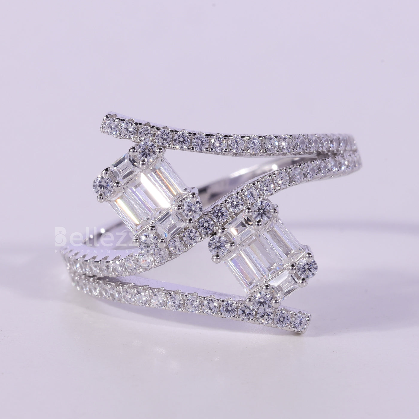 Unique Baguette & Round Diamond Cluster Moissanite Engagement Ring