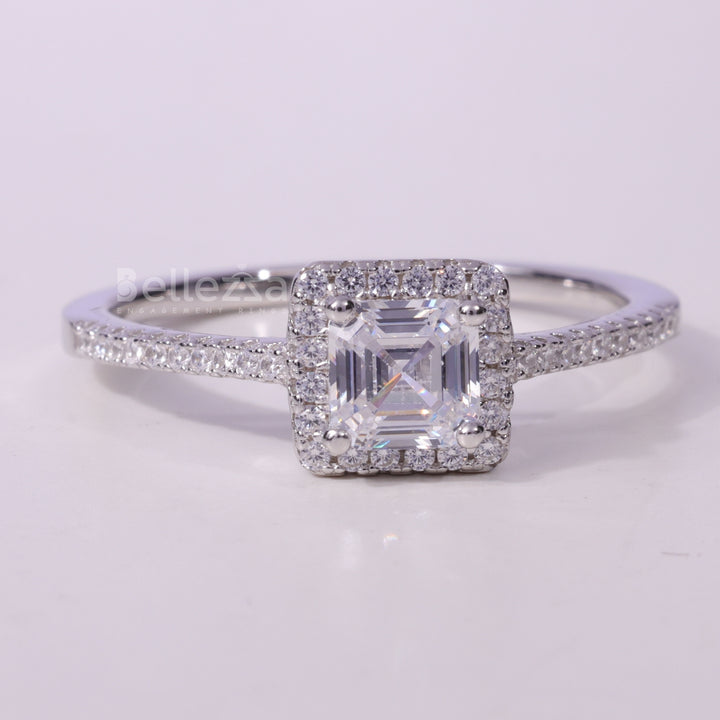 1.0CT Asscher Cut Halo Pave Setting Moissanite Engagement Ring