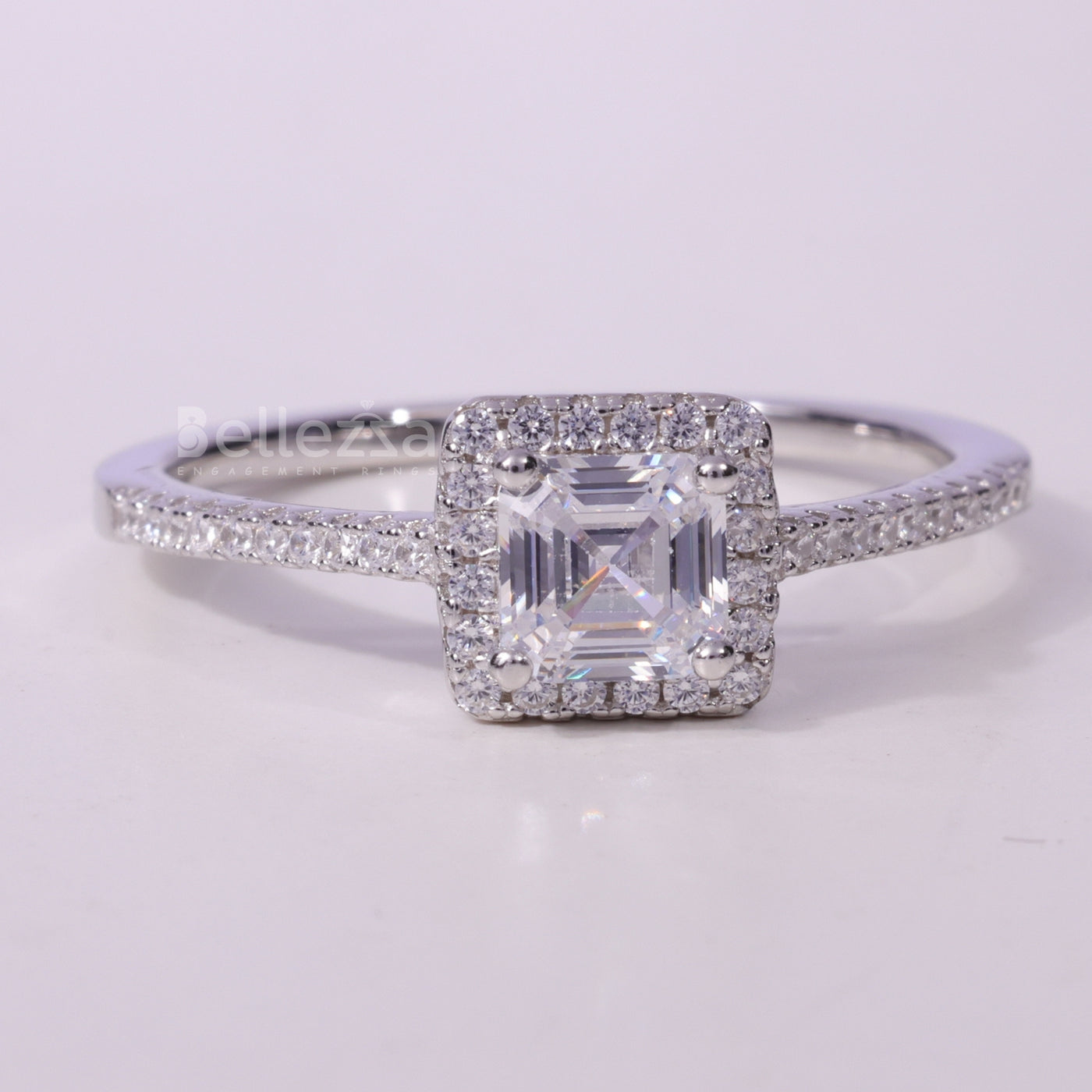 1.0CT Asscher Cut Halo Pave Setting Moissanite Engagement Ring