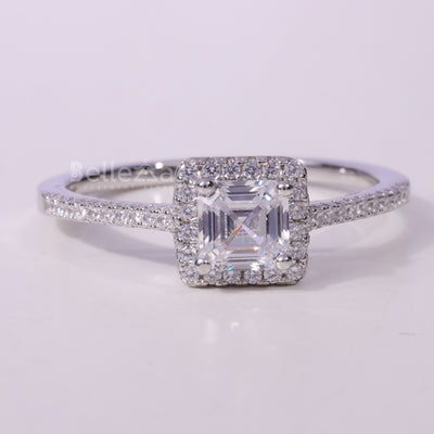 1.0CT Asscher Cut Halo Pave Setting Moissanite Engagement Ring