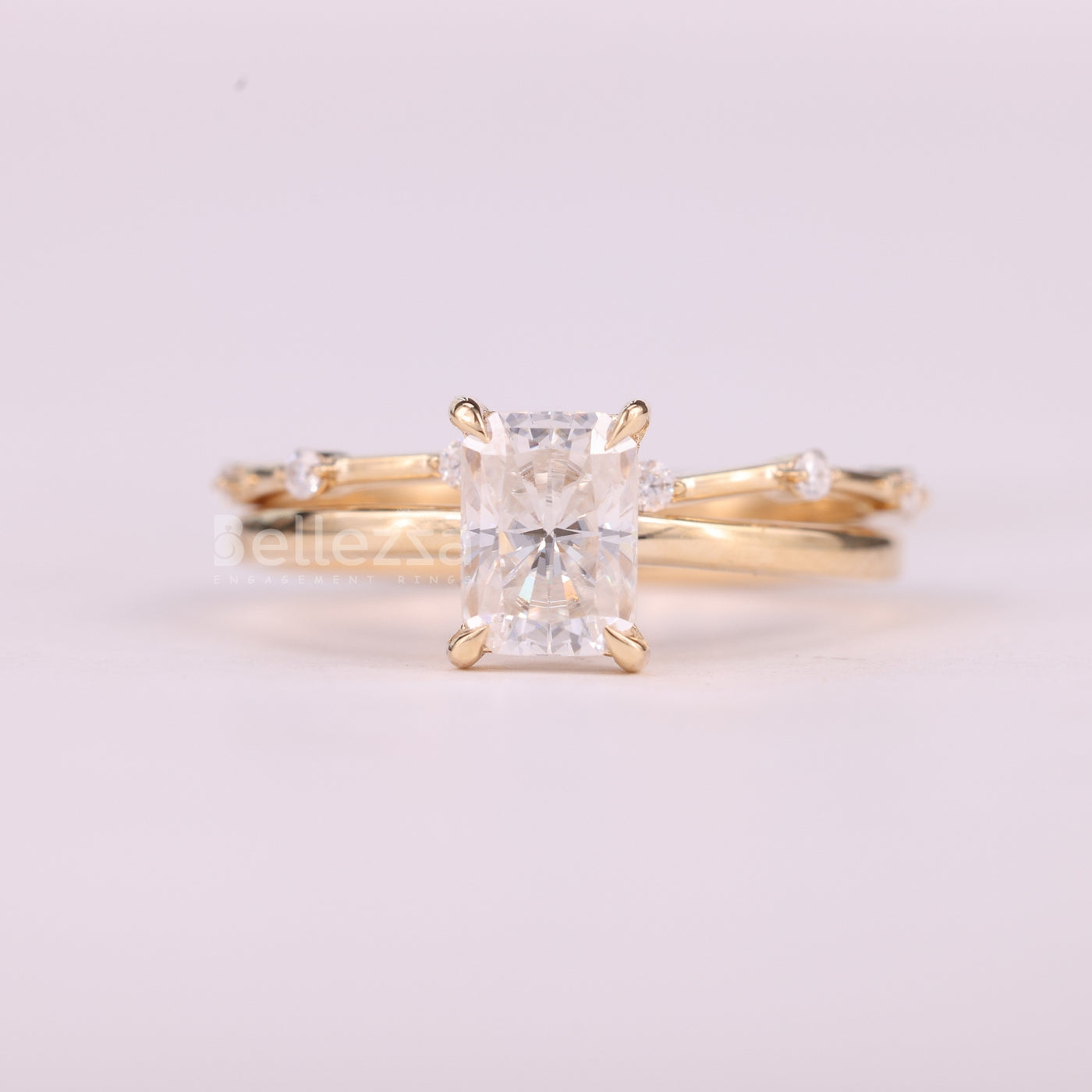 1.0CT Radiant Cut Hidden Halo Moissanite Bridal Ring Set